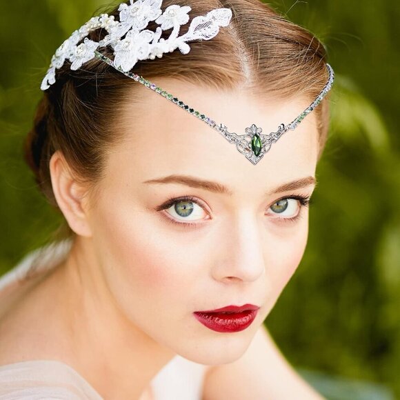 Green Crystal Tiara Handmade Fairy Crown Bridal Wedding V-Shaped Elf Headpiece main image 3